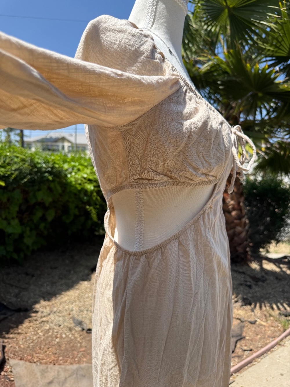 Wild Fable Target Beige Linen Look Cut Out Mini Dress | Long Sleeve Boho Cottage